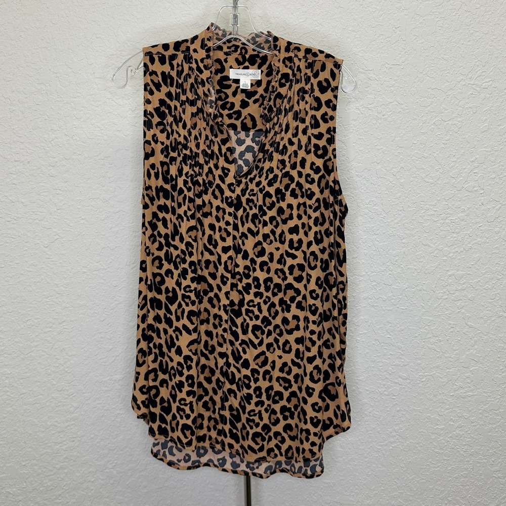 Treasure & Bond Leopard Print Sleeveless Ruffle V-Neck Blouse Brown Black Large